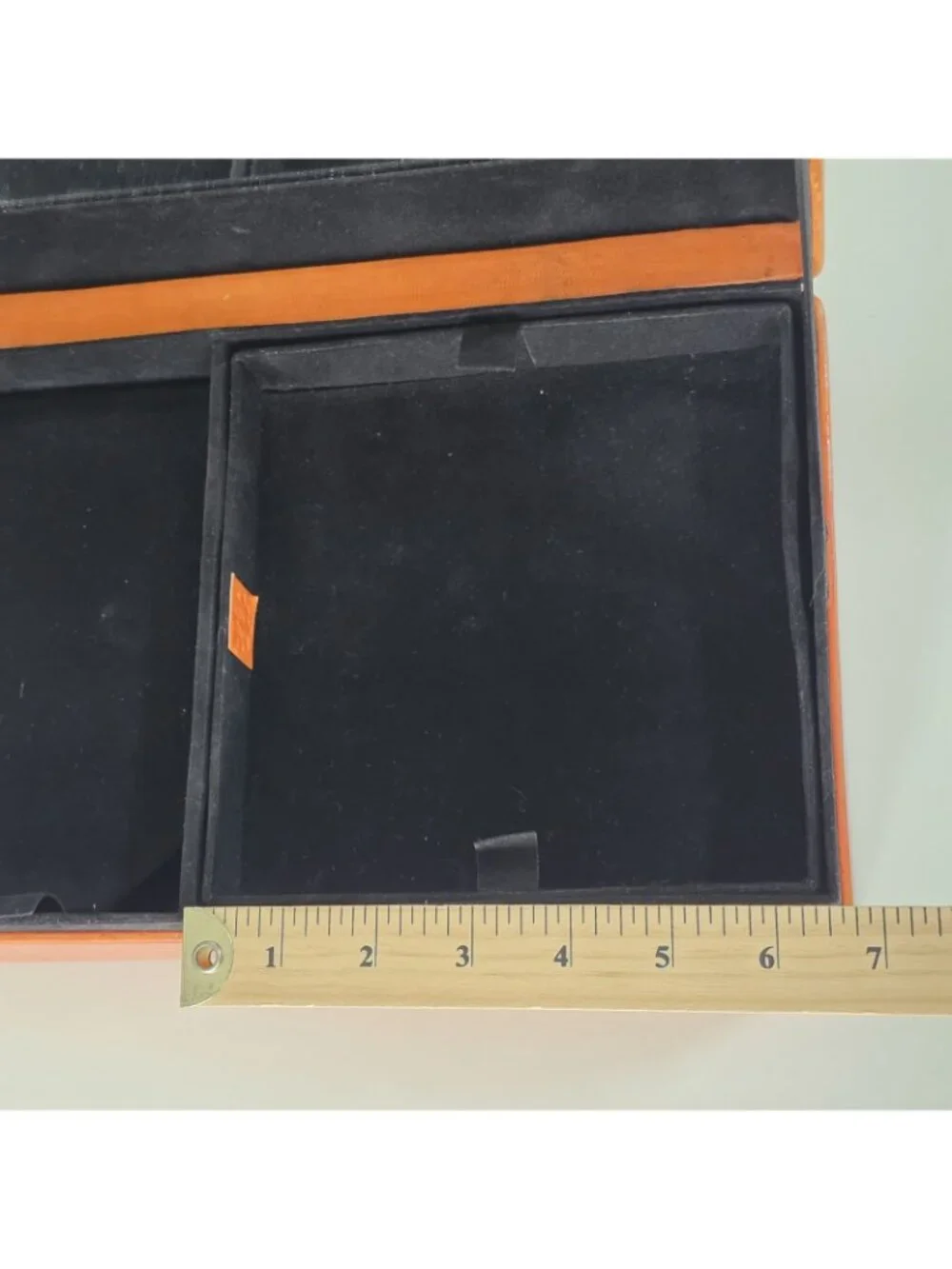Jewelry Box Orange Pleather Texture Lid Black Velvet Inner Removable Tray Mirror